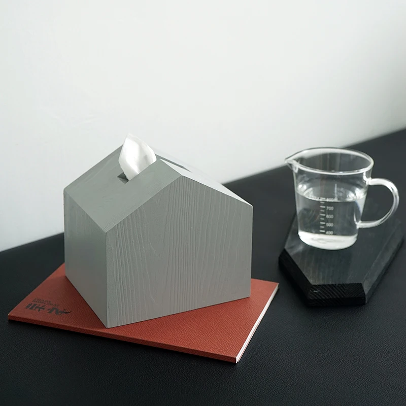 

Small black and white gray tissue box small house shape paper towel pumping cool style desktop decoration decoration wooden