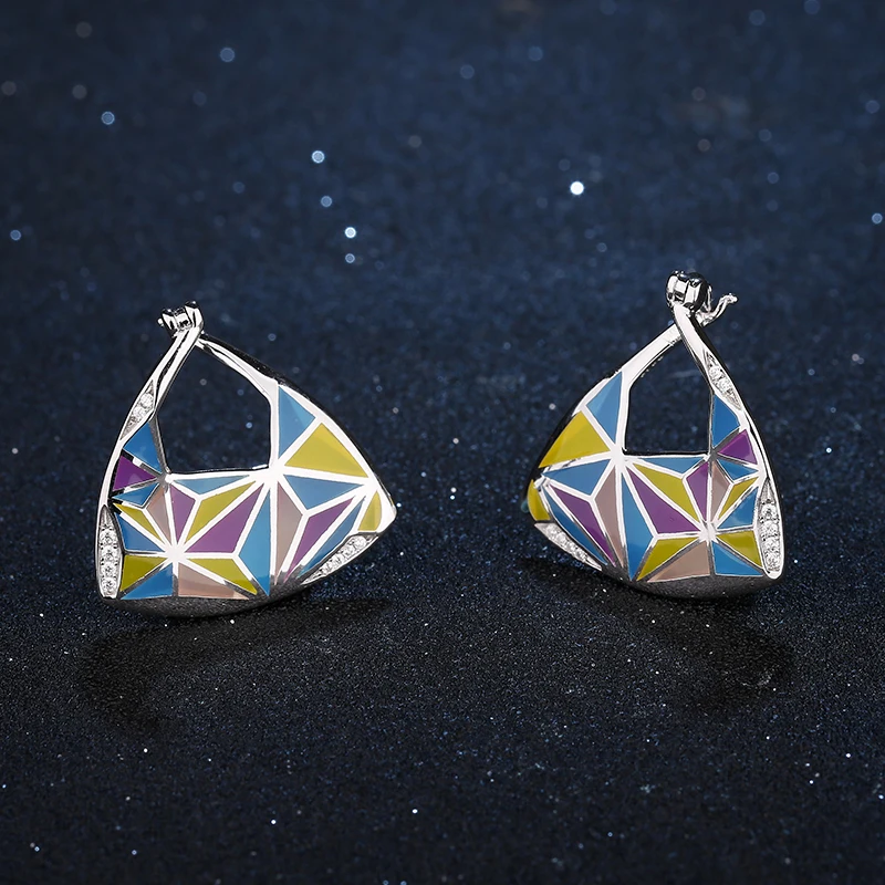 Personalities Earrings For Women Real 925 Sterling Silver Colourful Geometric shape pattern Enamel Drop Earrings Party Jewelry