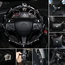 Crystal Crown Leather Car Seat Interior Accessories Steering Wheel Covers Headrest Neck Handbrake Gear Shift Cover