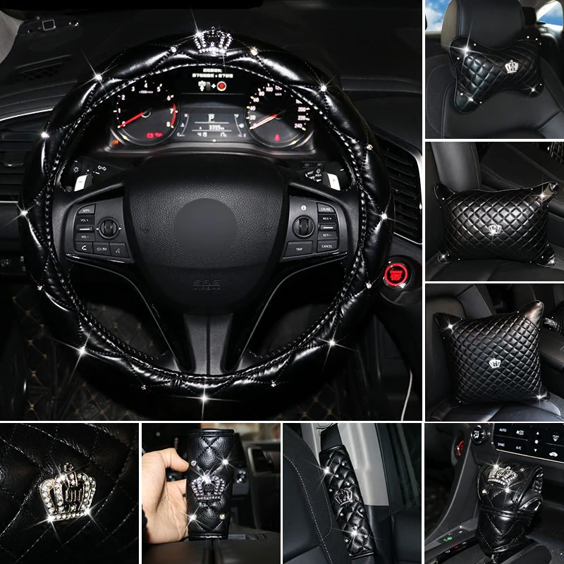 Crystal Crown Leather Car Seat Interior Accessories Steering Wheel Covers Headrest Neck Handbrake Gear Shift Cover Women Crystal Crown Leather Car Seat Interior Accessories Steering Wheel Covers Headrest Neck Handbrake Gear Shift Cover Women