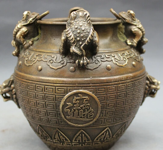

JP S0114 China Chinese Bronze Copper Marked Folk 4 Hoptoad Coin Lion Head Statue Pot Jar Discount 35%