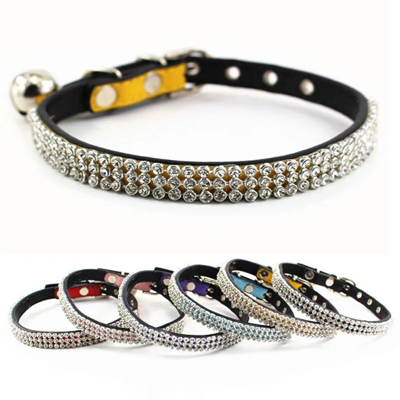 Soft Leather Safe Cat Adjustable Collar Bling Diamante with Bells