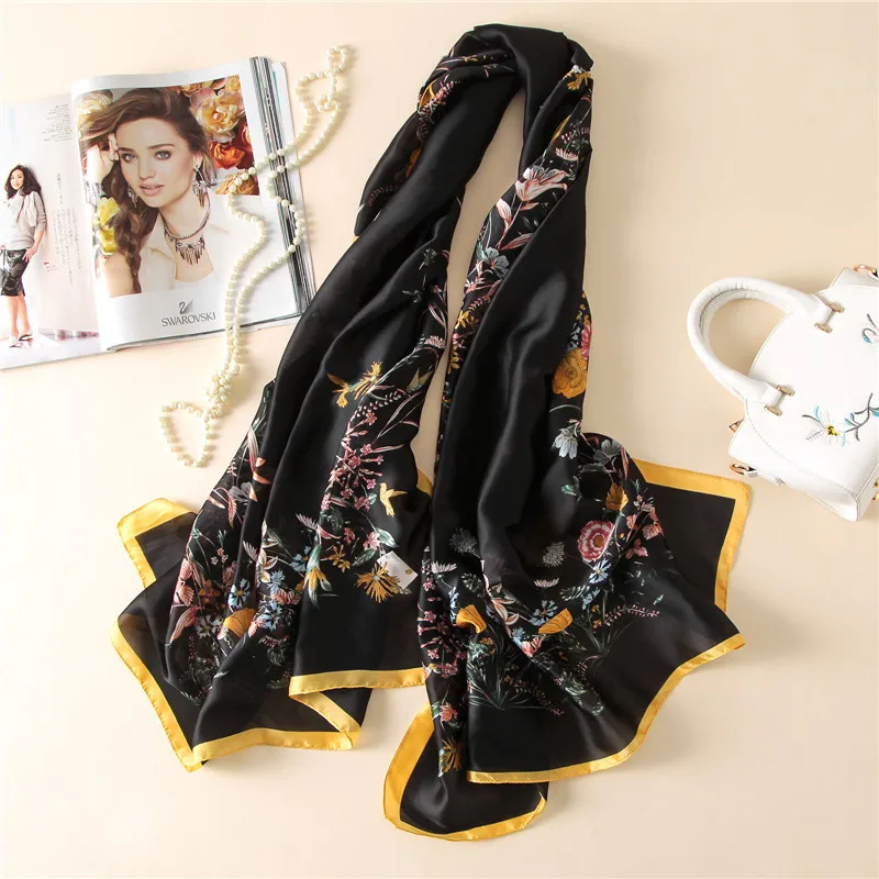 Роскошный летний женский шарф с принтом, цветочные шали и палантины, шелковые шарфы, пашмины, летняя бандана, палантины, хиджаб 180*90 см - Цвет: black