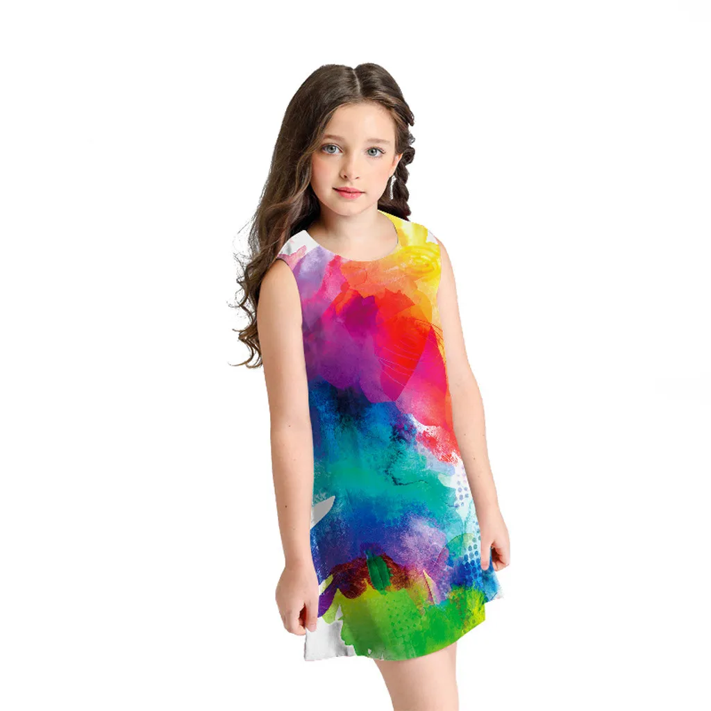 Новые модные летние платья без рукавов с 3D принтом для маленьких девочек повседневная одежда ; ; Z4