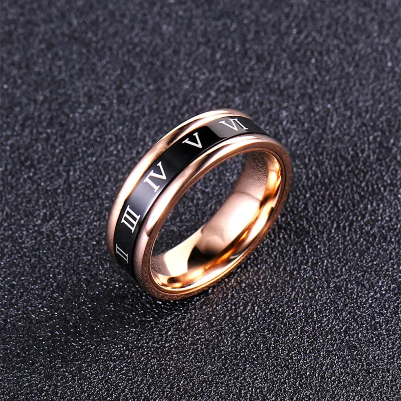 

New hot selling 6mm Titanium Steel ring roman numerals loves Rotatable ring enamel rose 14KGP ring women ring