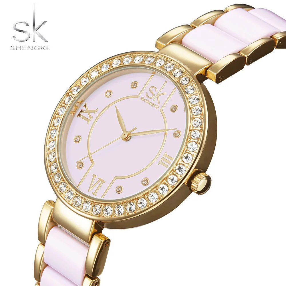 

Shengke Pink Roman numeral luxury Ladies Watch Women Bracelet Wrist Watch Fashion Stainless Steel Quartz Girl Clock Reloj Mujer