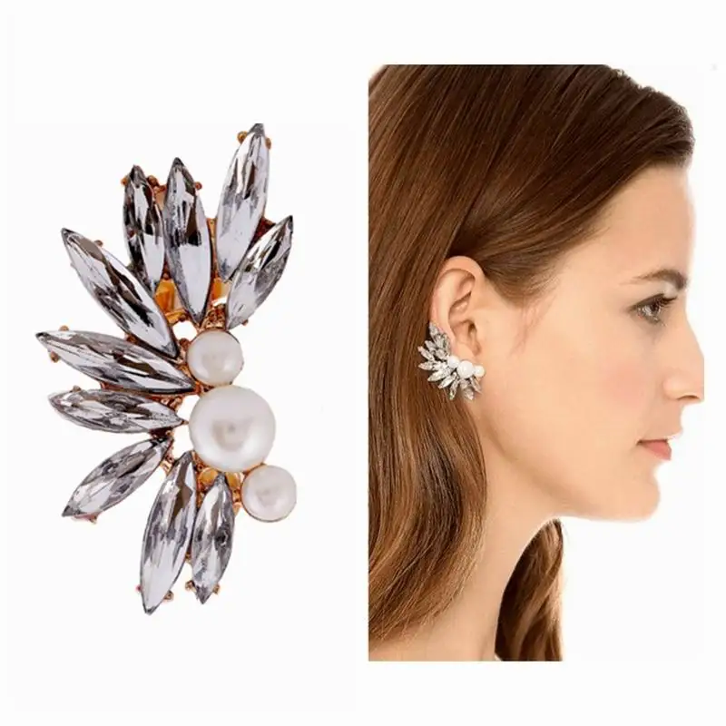 

Punk Simulated Pearl Crystal Clip Earrings for Women Silver Gold Color Alloy Zircon Feather Ear Cuff Jewelry