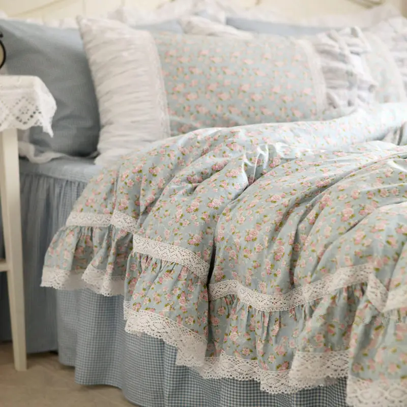 

SUCSES Hot Rustic Fresh Flowers Print Bedding Set Lace Ruffle Duvet Cover Embroidery Bed Sheet Elegant Bed Skirt Bedspread