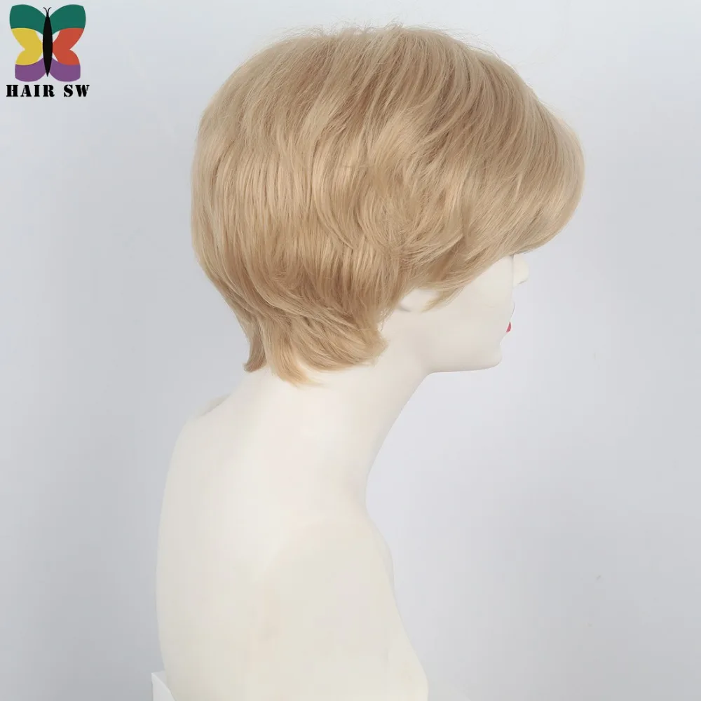 Волосы SW Золотой Блонд мужчины многослойный парик студентов натуральный пушистый короткий кудрявый Синтетический Полный парик