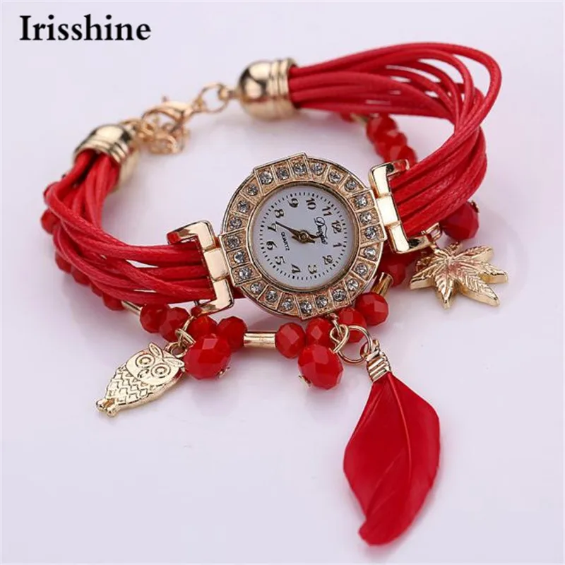 

Irisshine #5019 women watch gift lady girl Feather Weave Wrap Around Bracelet Watch Crystal Synthetic Fashion Chain Watch New