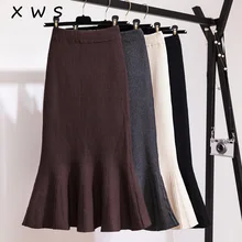 Auitumn зима Для женщин длинный вязаный русалка юбки одноцветное Высокая талия эластичный свитер шерстяной юбке Повседневное леди свитер юбка