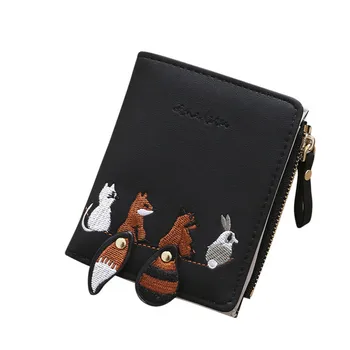 

2018 Women Wallets Fashion Embroidery Foxes Pattern Short Wallet Zipper Buckle Female Purses Coin Purse Card Holder