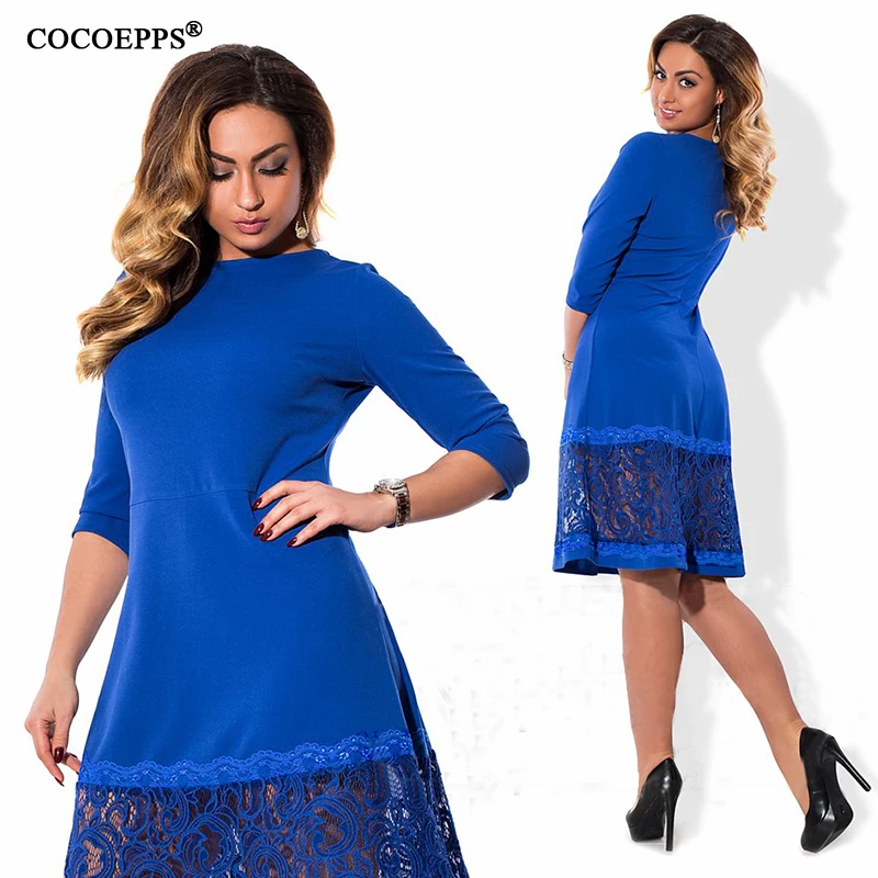 COCOEPPS, новинка, 6XL, большой размер, кружевное цветочное осеннее платье для женщин, а-силуэт, Красного размера плюс, повседневное женское платье, три четверти, Vestidos