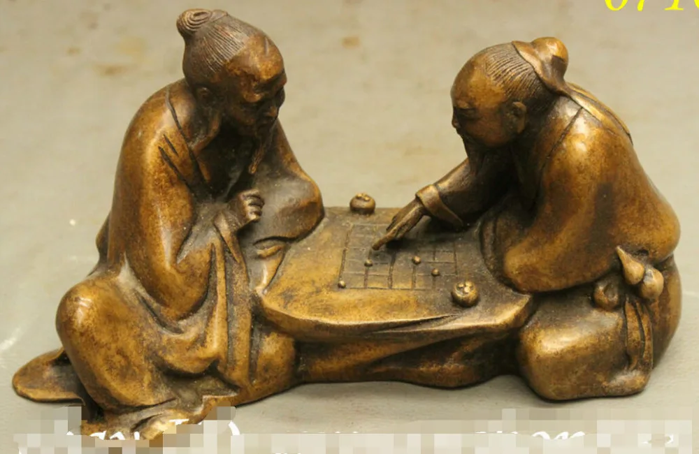 

8" Archaic Culture Chinese Bronze 2 Old Man Immortal God Play Chess WeiQi Statue