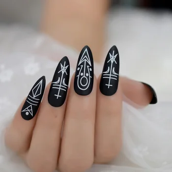 

Special Symbol Matte Nail Extra Long Stiletto Sharp Frosted False Fake Nails Black Pointed Salon Press On Full Nail Art Tips