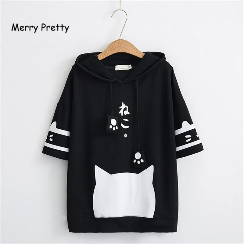 Merry Pretty футболка Женская harajuku японский стиль kawaii cat Футболка белая с капюшоном короткий рукав хлопок девушки tumblr футболки Friends - Цвет: Черный