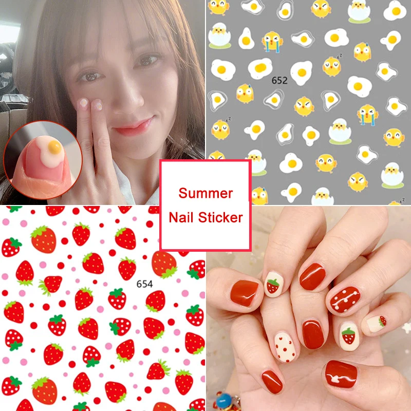 

1 PCS Strawberry Summer Fruit Drinking Stickers Decals Nail Sticker Green Plant Leaf Watermark Flakes Tips Nail Art Decorations