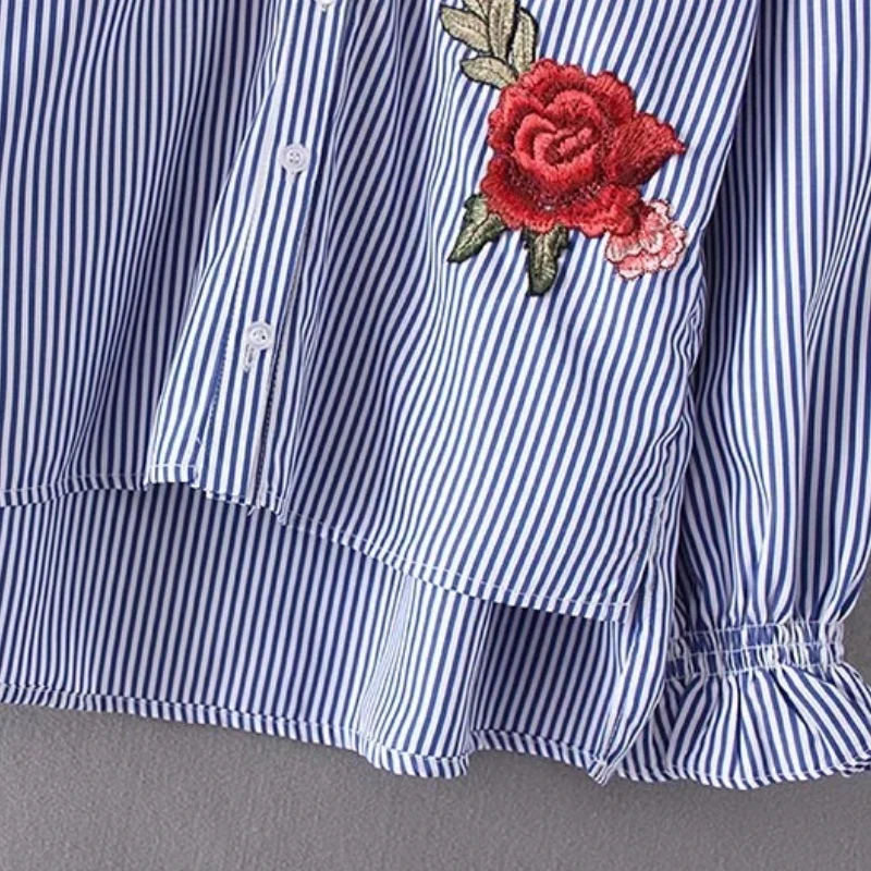 Женская блузка в полоску с цветочной вышивкой и длинным рукавом|blusas fashion|blouse