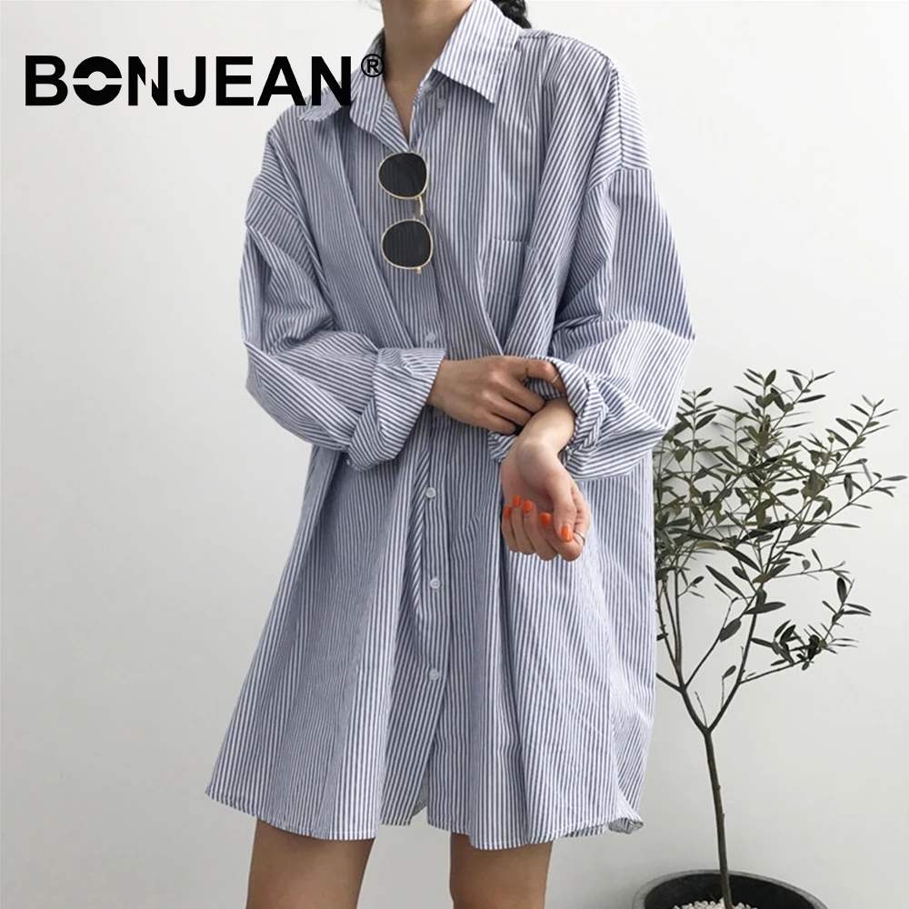 

Long Shirt Ladies Tops Long Blouse Women Chemise Longue Femme Blue White Striped Woman Blouses Spring Blusas Mujer Z256