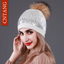 CNTANG, женская вязаная шапка с круглым блестками, зимняя теплая шерстяная шапка, натуральный мех енота, меховые шапки, модные шапочки для женщин
