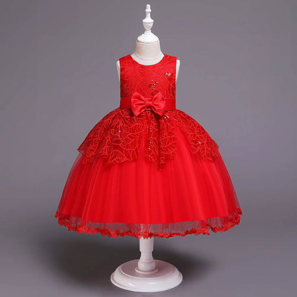 

Girl Princess dress sequins sleeveless bow lace dress wedding ceremony hosting campus performance birthday party high-end dress
