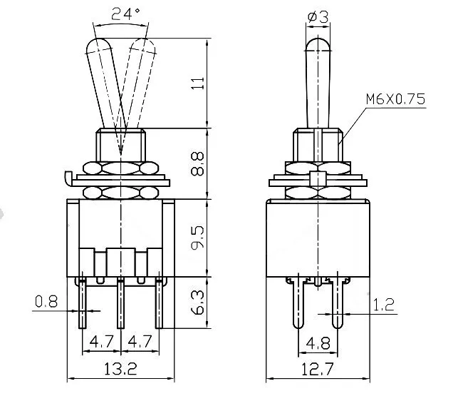 5 шт./лот DPDT ON-ON миниатюрный Кулисный тумблер с печатной платой, 3A/250VAC, 6A/125VAC