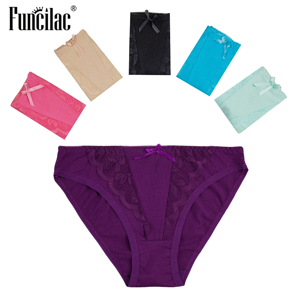 Funcilac Cotton Underwear For Women Sexy Lace Patchwork Panties Solid Color Briefs Ladies 