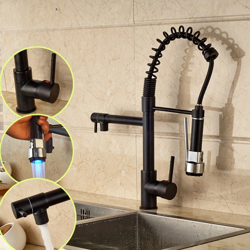 

Deck Mounted Oil Rubbed Bronze Spring Pull Down Faucet Deck Mounted Kitchen Mixer Taps with LED Light