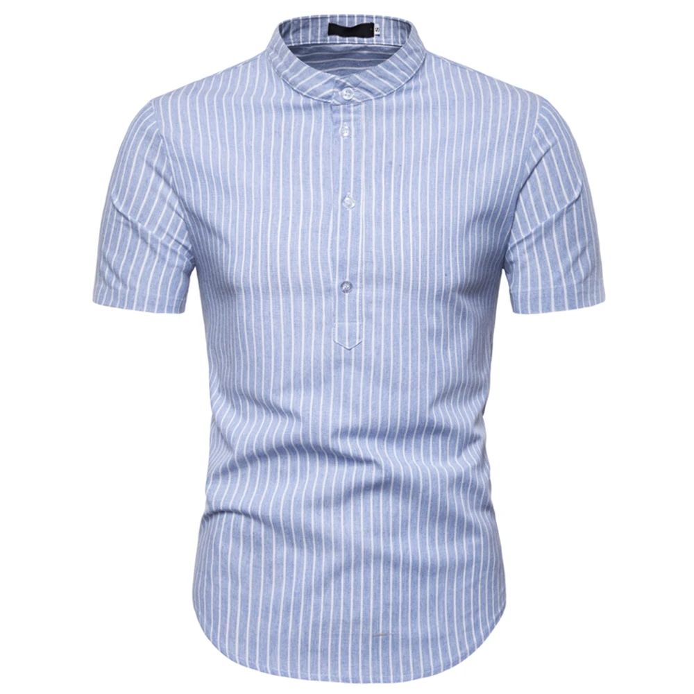 Рубашка в полоску для мужчин бренд хлопок белье приталенная Мужская рубашка короткий рукав Хенли рубашки для мальчиков Chemise Homme повседневное Мужская