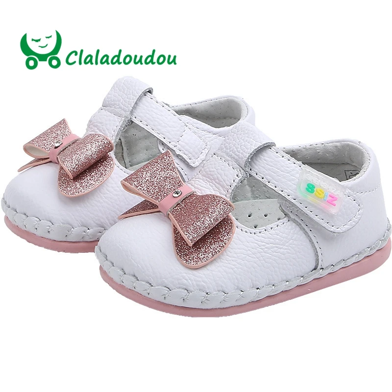 

Claladoudou 11-13CM Genuine Leather Baby Girls Party Dress Shoes Bling Bowtie Strap Cute Flats Shoe Toddler Shoes For Infant
