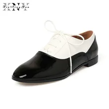 XiuNingYan/Женские винтажные Туфли-оксфорды из натуральной кожи на плоской подошве с круглым носком; женские туфли-оксфорды ручной работы в британском стиле; цвет черный, белый; коллекция года