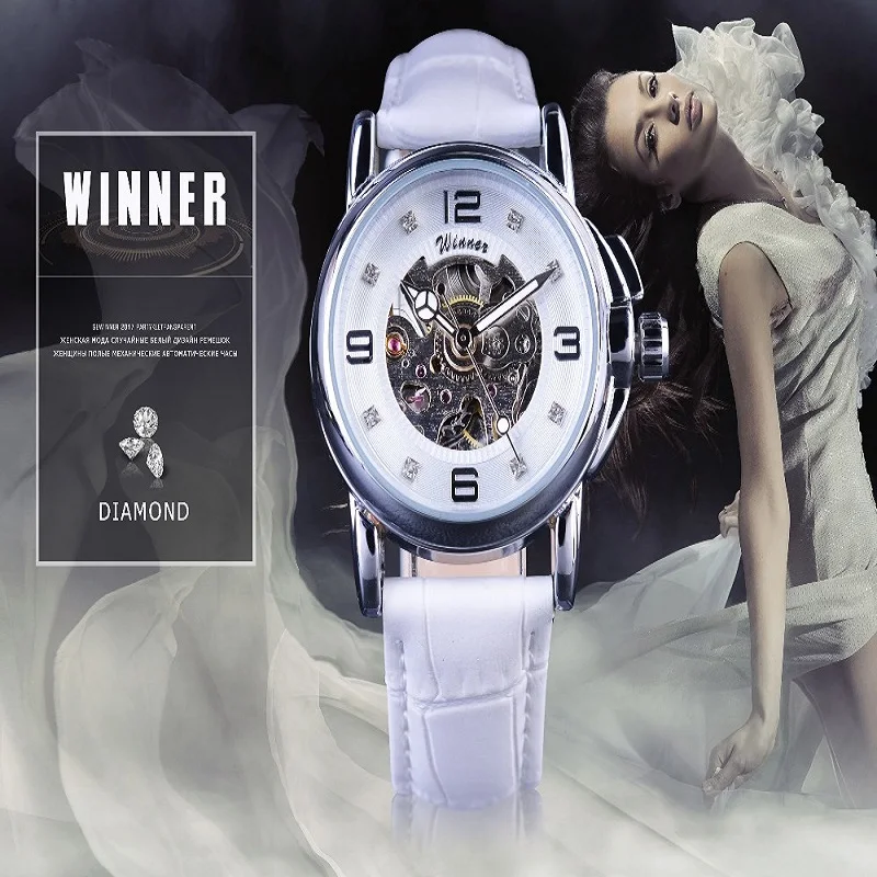 T-WINNER Fashion Ladies Women Business Watch Top Brand Luxury White Skeleton Transparent Case Automatic Mechanical Watches