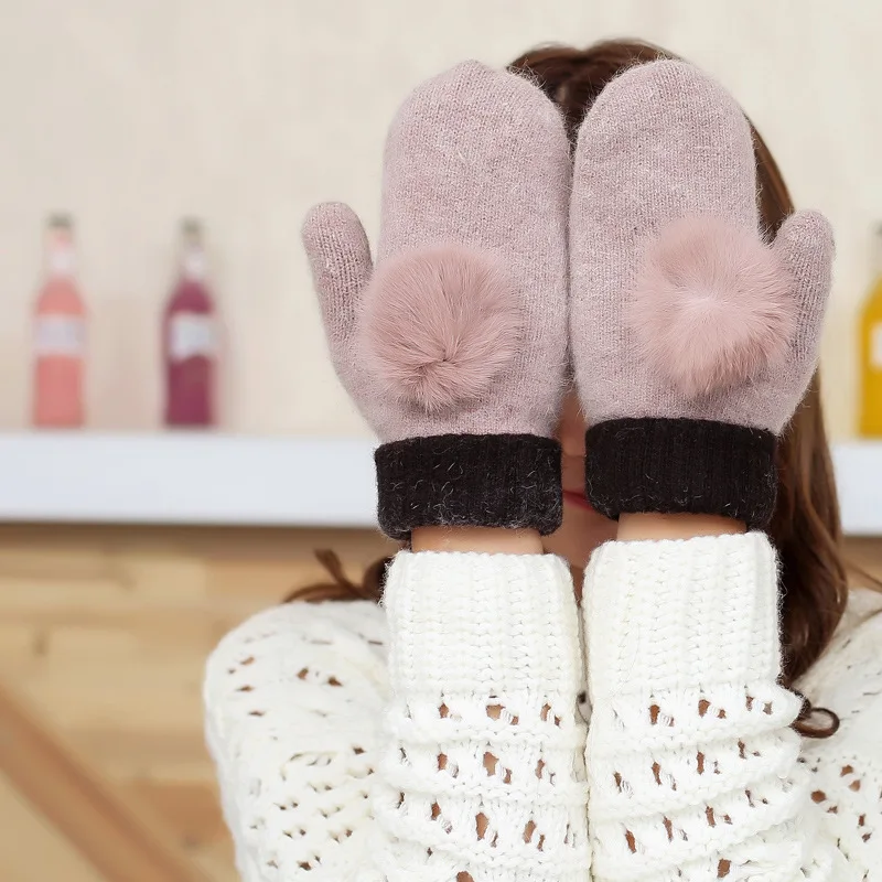 Горячая Распродажа, модные женские зимние перчатки для девочек, одноцветные варежки с кроличьим мехом, мягкое теплое яркое цветное, Двуслойное женское перчатки
