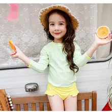 Купальный костюм в зеленый и желтый горошек с длинными рукавами для детей от 3 до 15 лет, пляжный купальный костюм детский купальный костюм для девочек, детский купальный костюм с шортами для девочек, 343