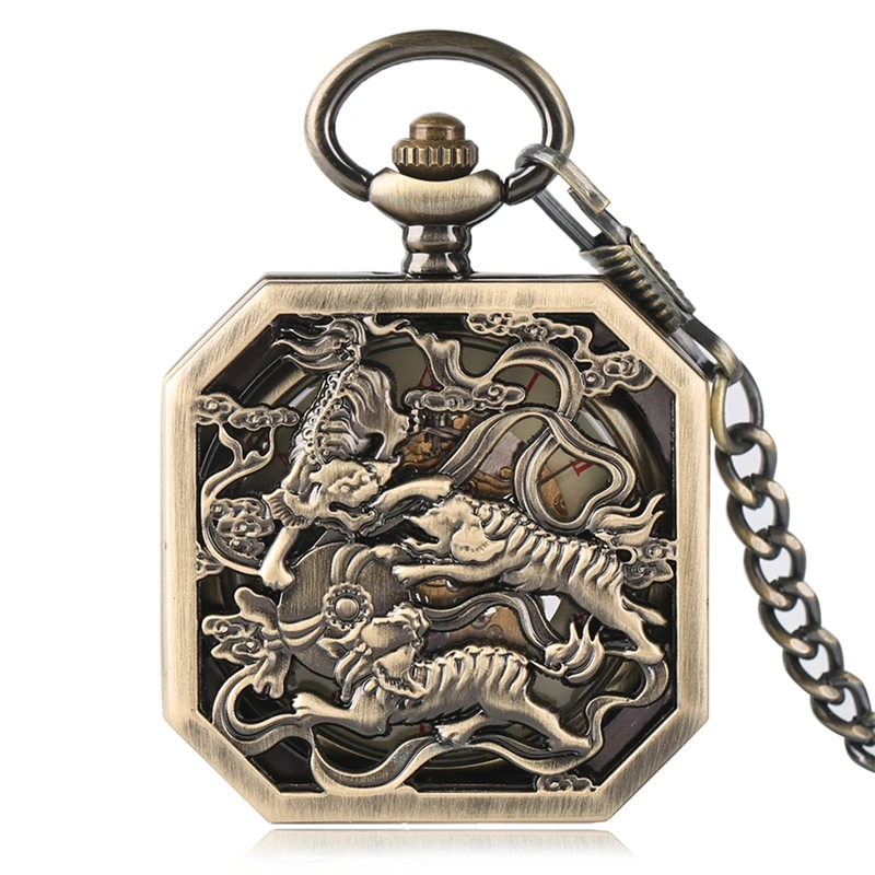 

Retro Bronze Hollow Double Tiger Mechanical Pocket Watch Irregular Red Roman Numbers Hand Winding Watches Men Unique Clock Gift