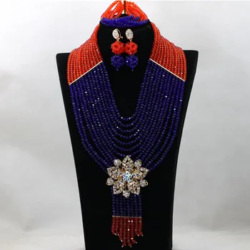 

Elegant Royal Blue and Orange Traditional Wedding Nigerian Beads Jewelry Set African Costume Beads Necklace Free Shipping WA666