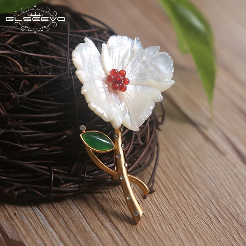 

GLSEEVO Natural Jade Brooch Pins Mother Of Pearl Flower Brooches For Women Wedding Gift Dual Use Luxury Fine Jewelry 2018 GO0146