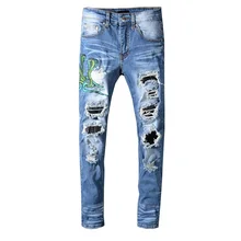 Итальянский стиль для мужчин змея вышивка проблемных нашивки кожа Sneak брюки для девочек синие облегающие джинсы узкие брюки размеры 28-40 561