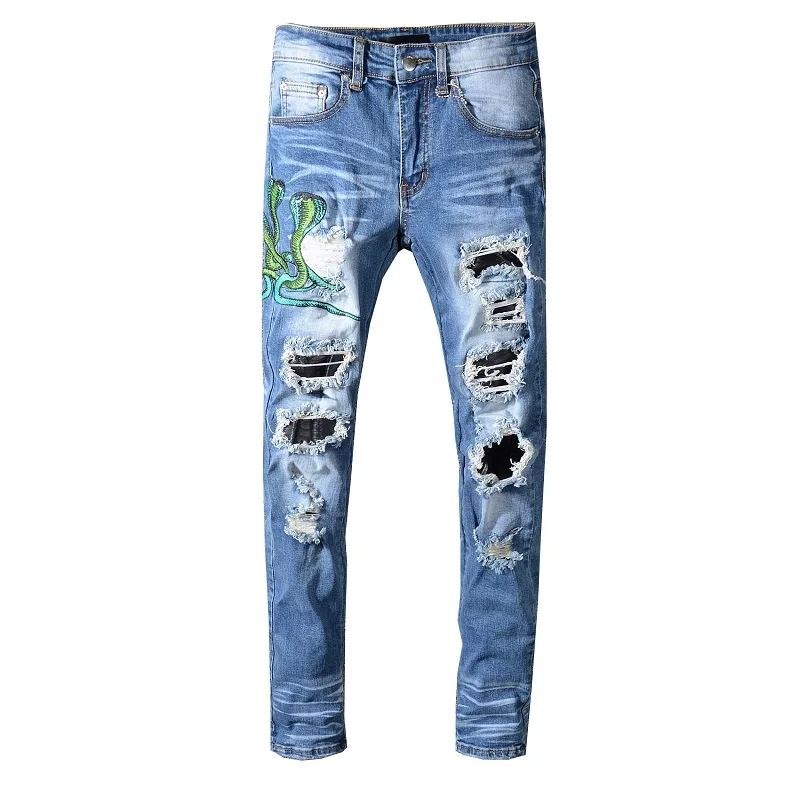 

New Italy Style Men's Snake Embroidery Distressed Patches Leather Sneak Pants Skinny Blue Jeans Slim Trousers Size 28-40 561#