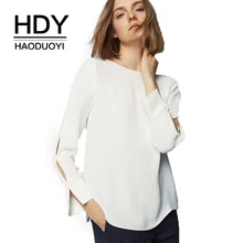 HDY Haoduoyi, однотонные белые милые модные женские рубашки с длинным рукавом и круглым вырезом, женские блузки на пуговицах, элегантные топы