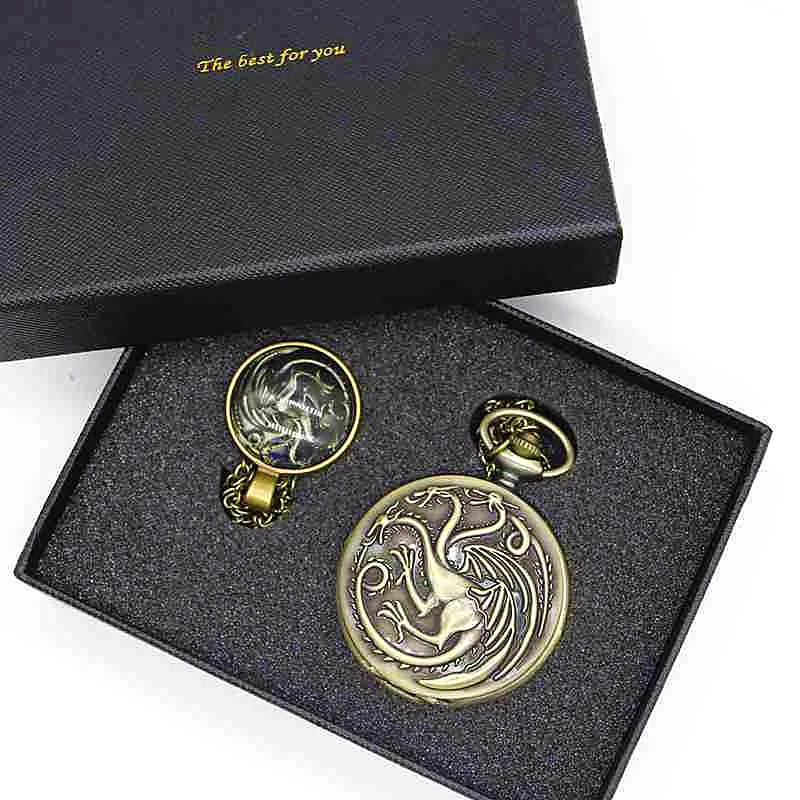 Antique Game Of Thrones House Targaryen Pocket Watch Sets With Glass Dome Pendant Packing With 