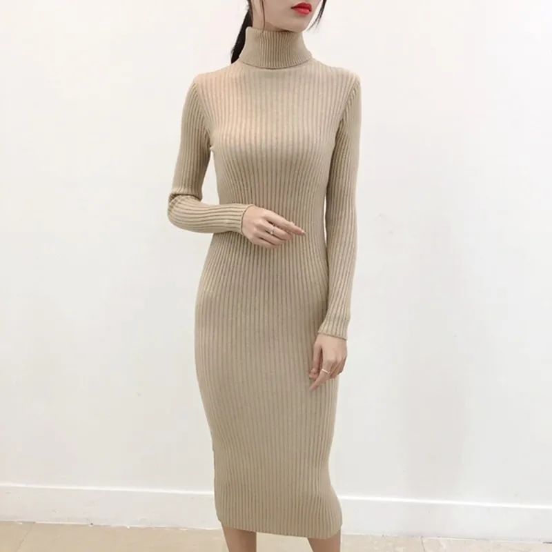 

Long Sleeve Turtleneck Knitted Dress Women Casual Autumn Winter Sweater Dress Female Sexy Elegant Pullover Knee-Length Dresses