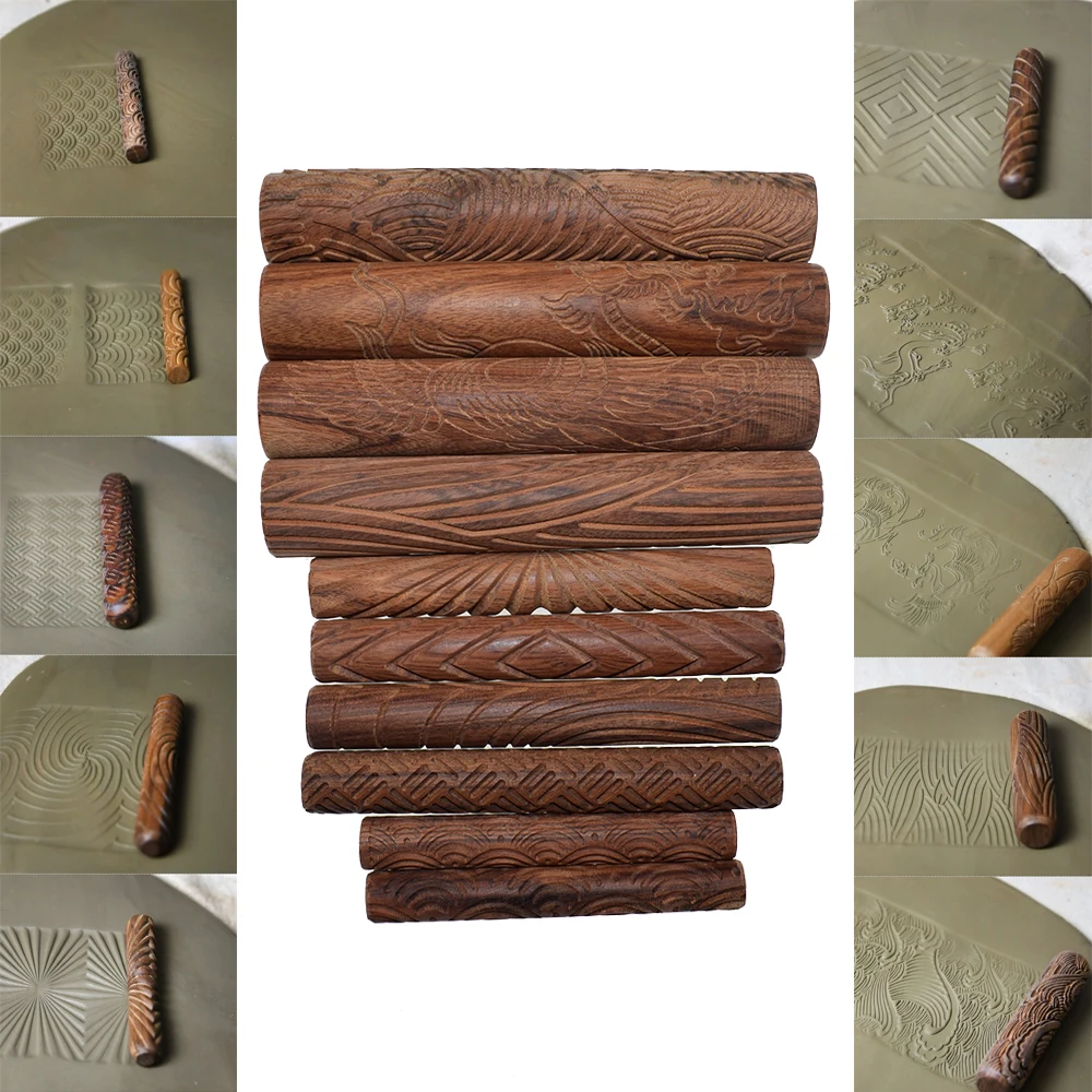 

Wood Texture Roll Pin for Clay Emboss Pressed Print Chinese luck Cloud Wave Pattern Polymer Clay Ceramic Pottery Tools 10pcs/set