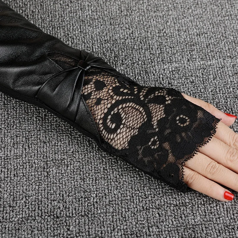 Fashion Black Lace Sheepskin Gloves Female 40cm Long Arm Warmers Women Semi-Fingers Gloves Genuine Leather Half Finger Mittens