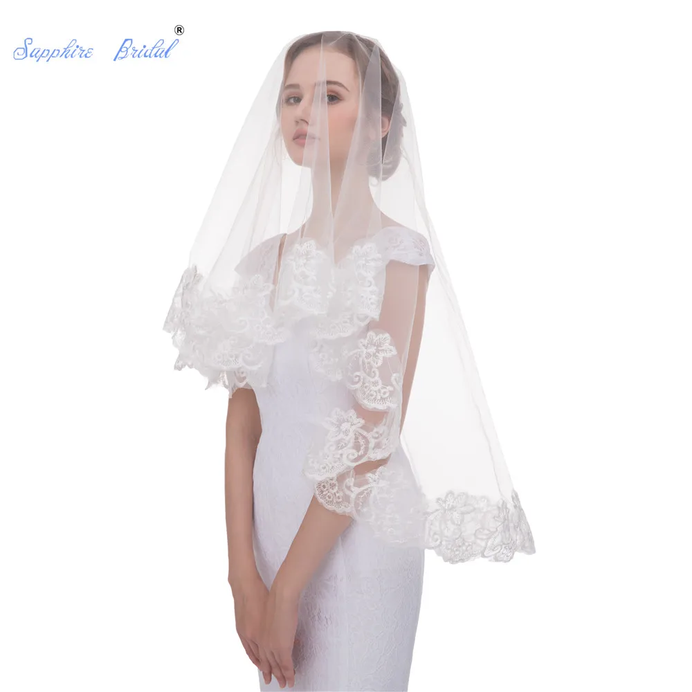 

Sapphire Bridal Veil Wedding Accessories White Ivory One-Layer Short Bridal Veils Lace Edge Bridal No comb Wedding Veil
