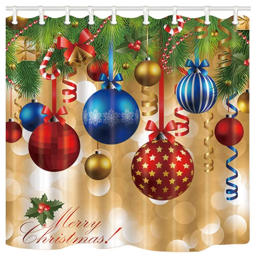 Rustic Wood New Year Decor Shower Curtain Mat Christmas Balls Stars Cute Snowman