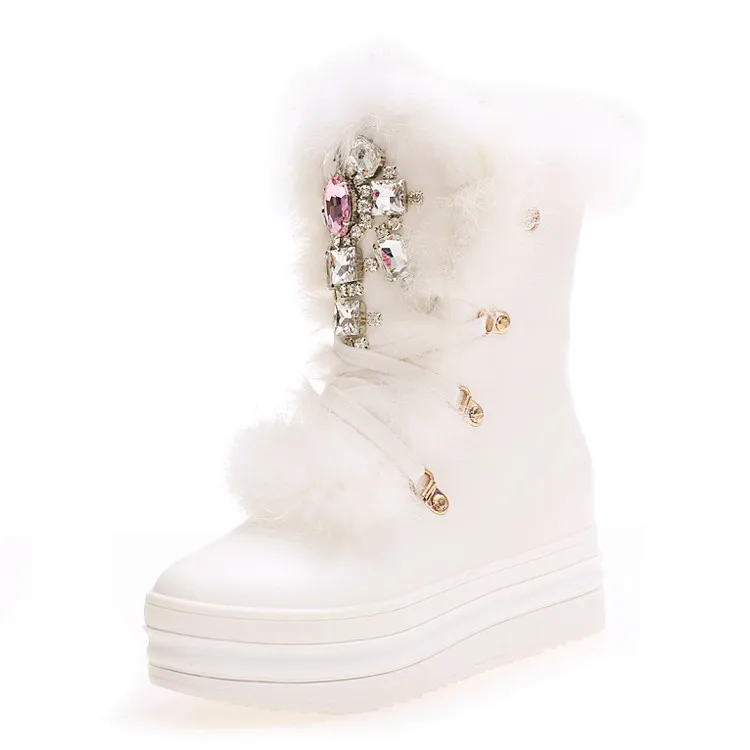 Зимние ботинки на натуральном кроличьем меху Стразы теплые ботинки со стразами под бриллианты Женская плотная теплая Высокая обувь Зимние сапоги; Большие размеры 41