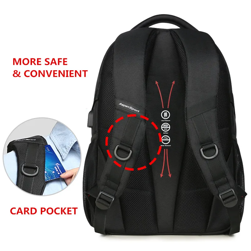 AspenSport 2018 New USB Charge Bag College Backpack Backpack Fashion School Bag for Men male fit 15-17Inch Laptop Backpack