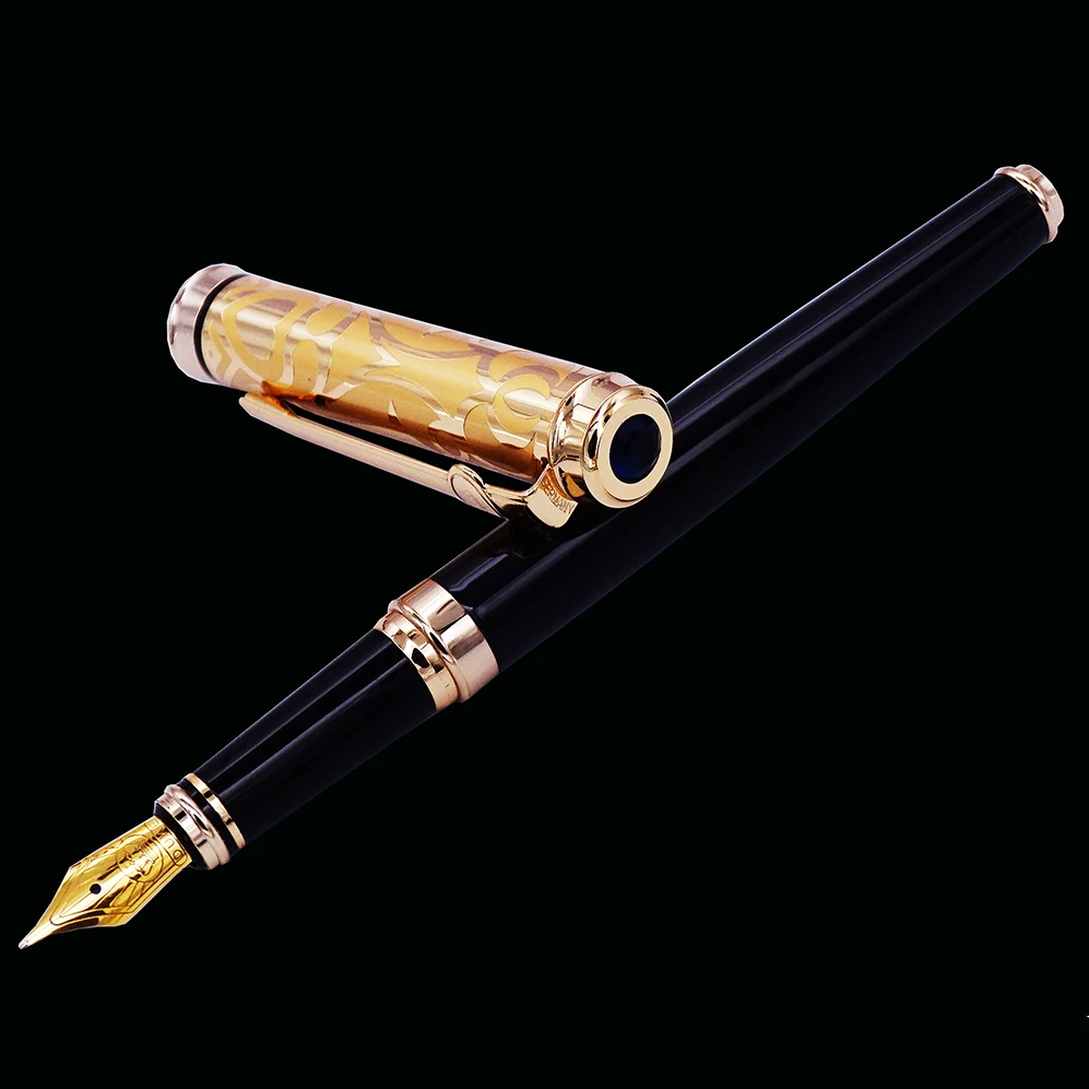 Duke Noble Sapphire Fountain Pen Iridium Medium Nib , Black Barrel & Golden Cap Business Office Home School Supplies