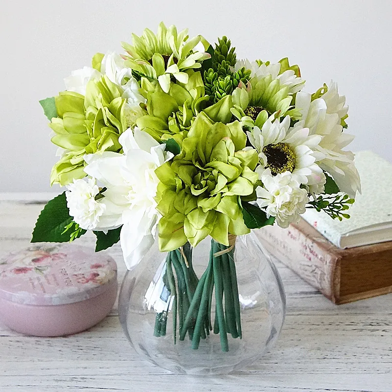 Flone Artificial Dahlias Flower Daisy Bouquet Silk Flower Bride Bridesmaid Holding Flowers Home Wedding Party Garden Decoration (11)